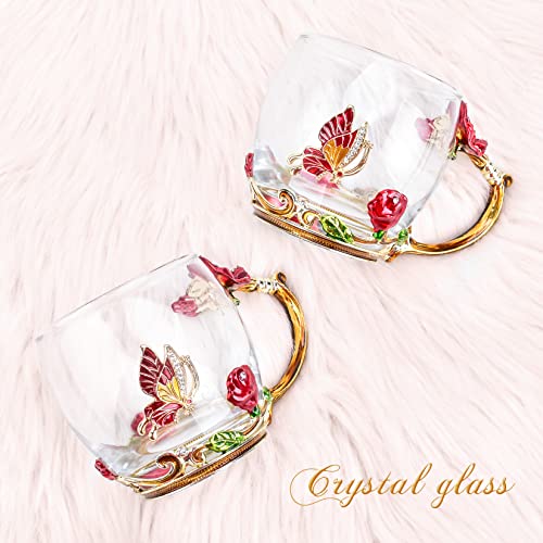 Butterfly Rose Glass Coffee Mug Set for Women