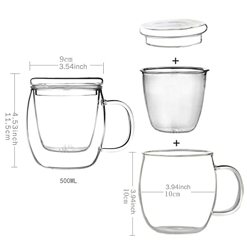 Glass Tea Cup with Infuser, Lid, 500ml - Loose Leaf Tea