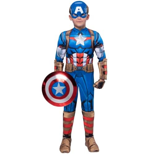 MARVEL Captain America Youth Deluxe Costume - Padded Jumpsuit with Gloves, Half Mask, and Shield Small