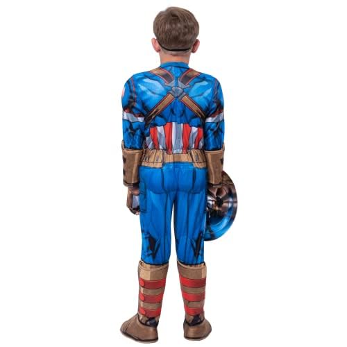 MARVEL Captain America Youth Deluxe Costume - Padded Jumpsuit with Gloves, Half Mask, and Shield Small