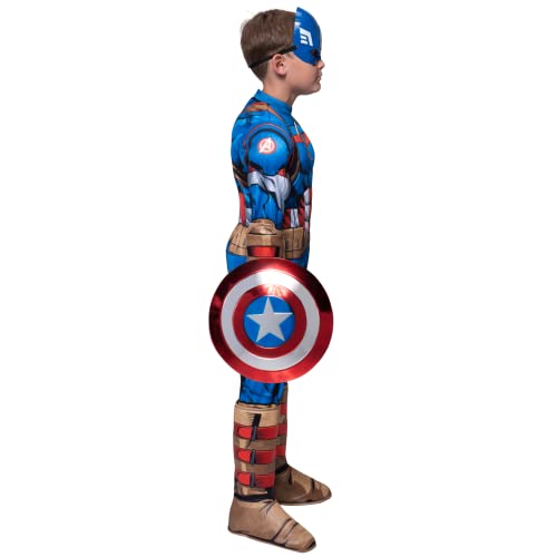MARVEL Captain America Youth Deluxe Costume - Padded Jumpsuit with Gloves, Half Mask, and Shield Small