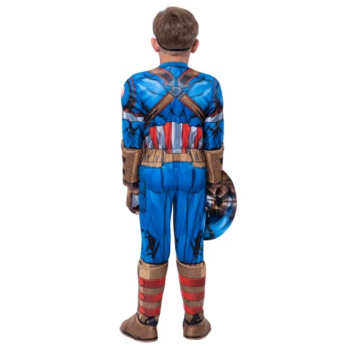 MARVEL Captain America Youth Deluxe Costume - Padded Jumpsuit with Gloves, Half Mask, and Shield Small