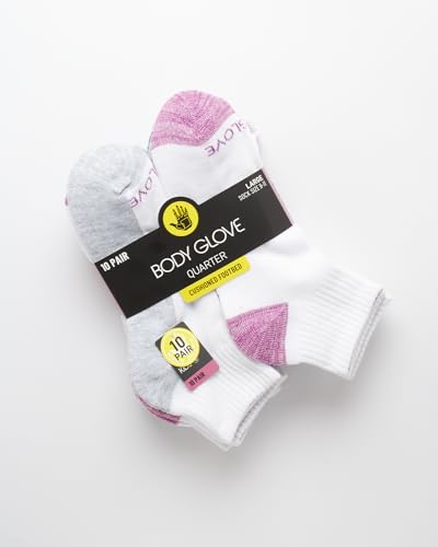 Body Glove Girls' Socks - 10 Pack Performance Cushion Athletic Quarter Cut Socks - Kids Running Socks for Girls, Size Medium, All White