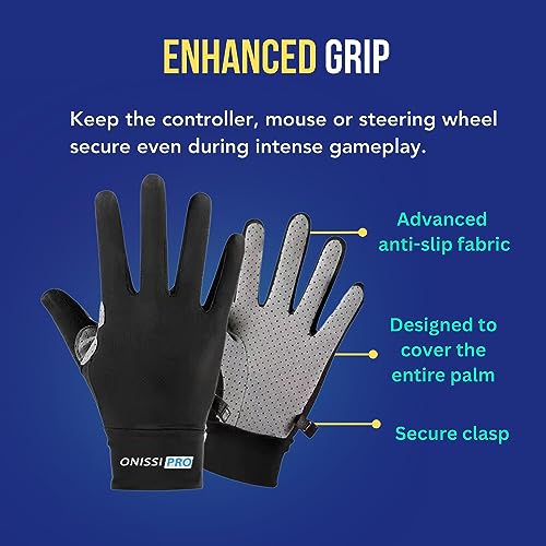 ONISSI Pro Gaming Gloves for Sweaty Hands|Gamer Grip Gloves for Video Games|Sim Racing Gloves for Men and Women|Anti Sweat, Black, Full Finger Gaming Gloves for PS4/PS5/Xbox/Computer/PC/VR/Sim Racer