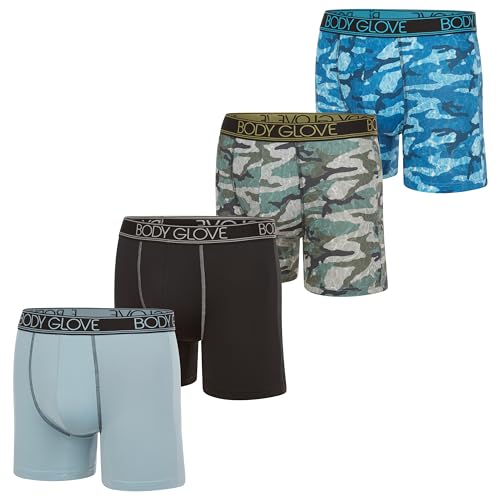 Body Glove Mens Boxer Briefs 4 Pack, Dry Fit Performance Underwear, Breathable Active Comfortable Athletic Boxers - Camo/M