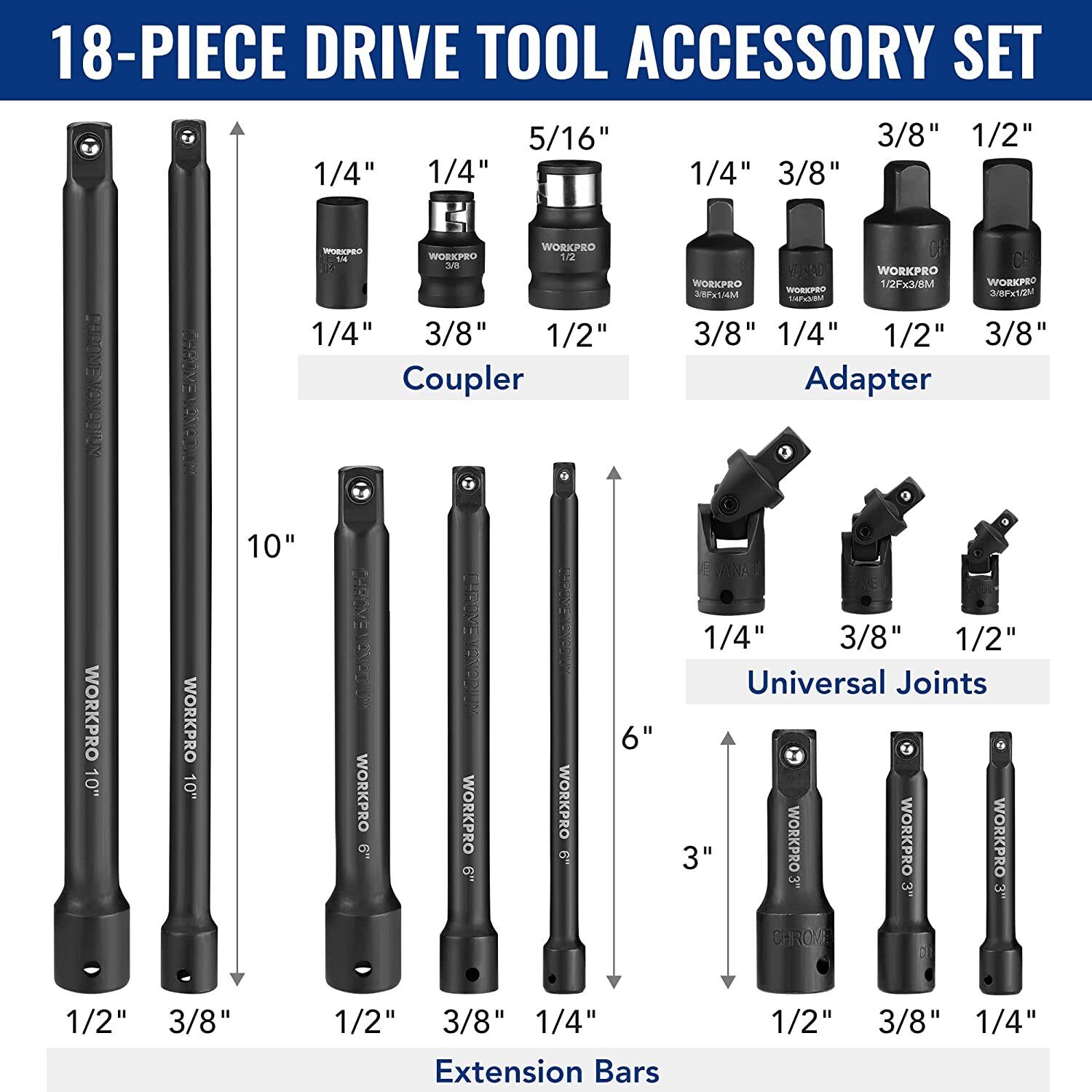 WORKPRO 18-PCS Drive Tool Accessory Set 1/4"&3/8"&1/2" Socket Adapter Extensions