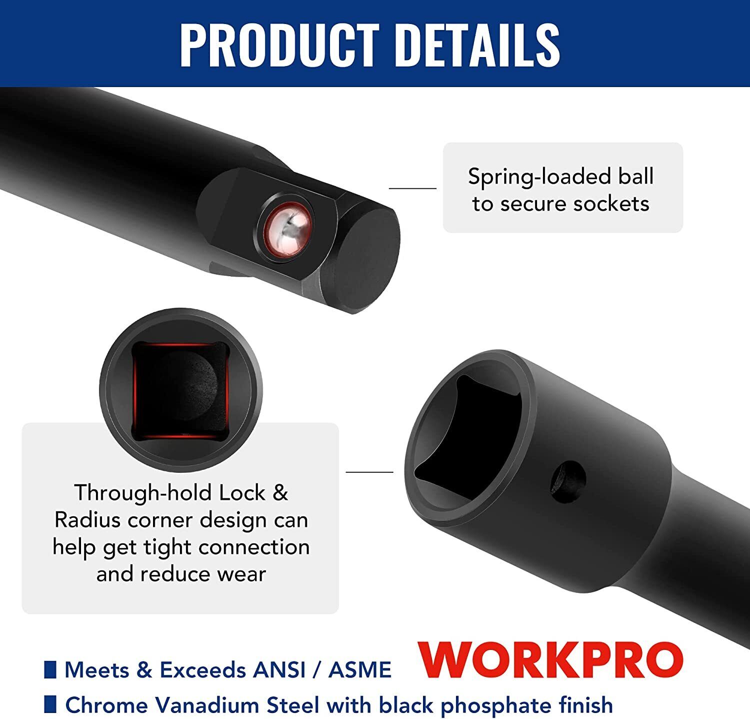 WORKPRO 18-PCS Drive Tool Accessory Set 1/4"&3/8"&1/2" Socket Adapter Extensions
