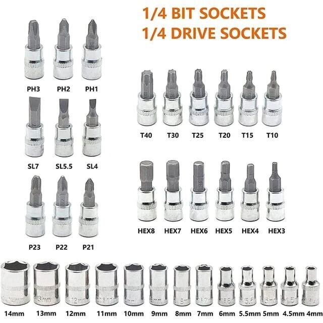 46 Piece 1/4" Drive Socket Wrench Ratchet Driver Set Screwdriver Tool with Case