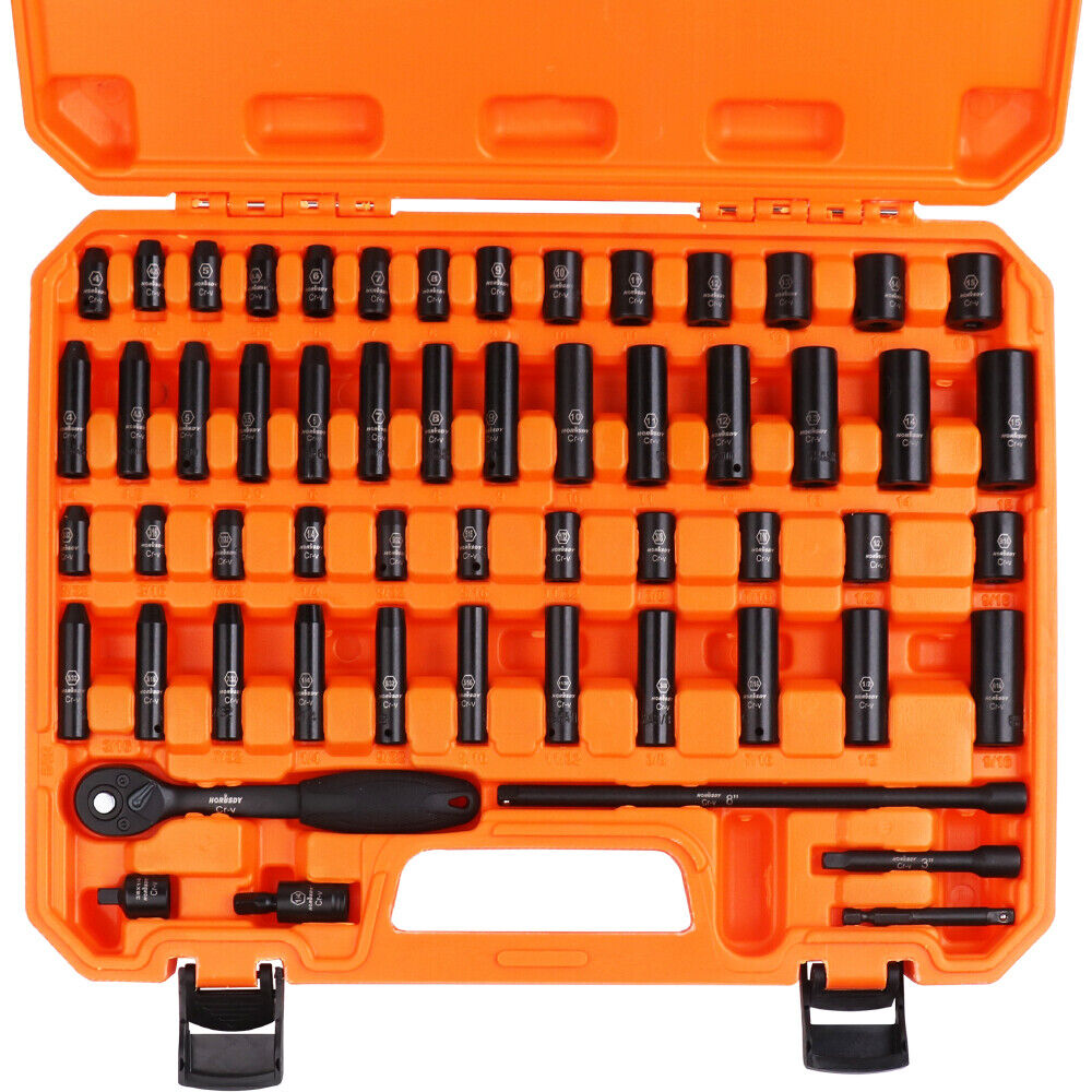 56Pcs 1/4" Drive Impact Deep Socket Set Extension Bar Universal Joint SAE Metric