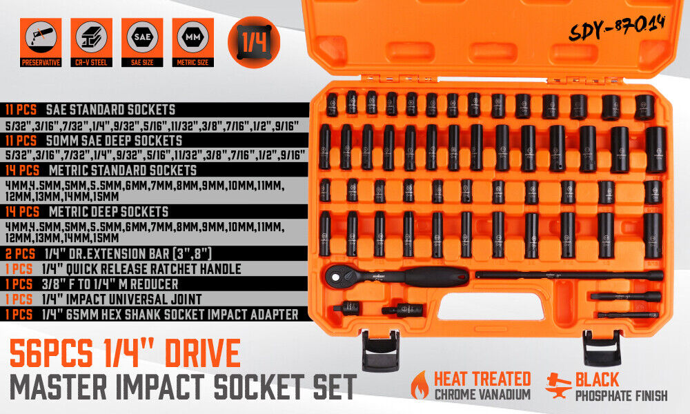 56Pcs 1/4" Drive Impact Deep Socket Set Extension Bar Universal Joint SAE Metric