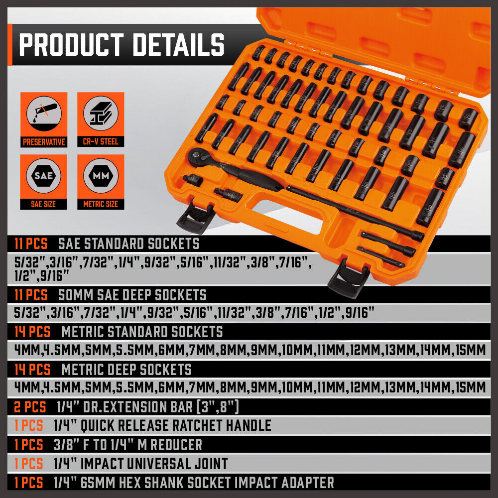 56Pcs 1/4" Drive Impact Deep Socket Set Extension Bar Universal Joint SAE Metric