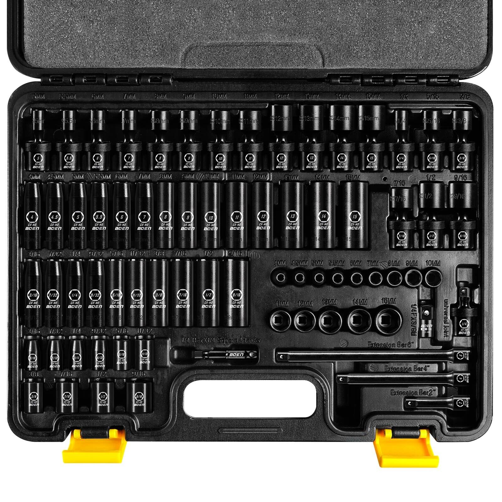 72Pcs 1/4" Drive Impact Socket Set,SAE 3/16-9/16 in,Metric 4-15mm,Extension Bar