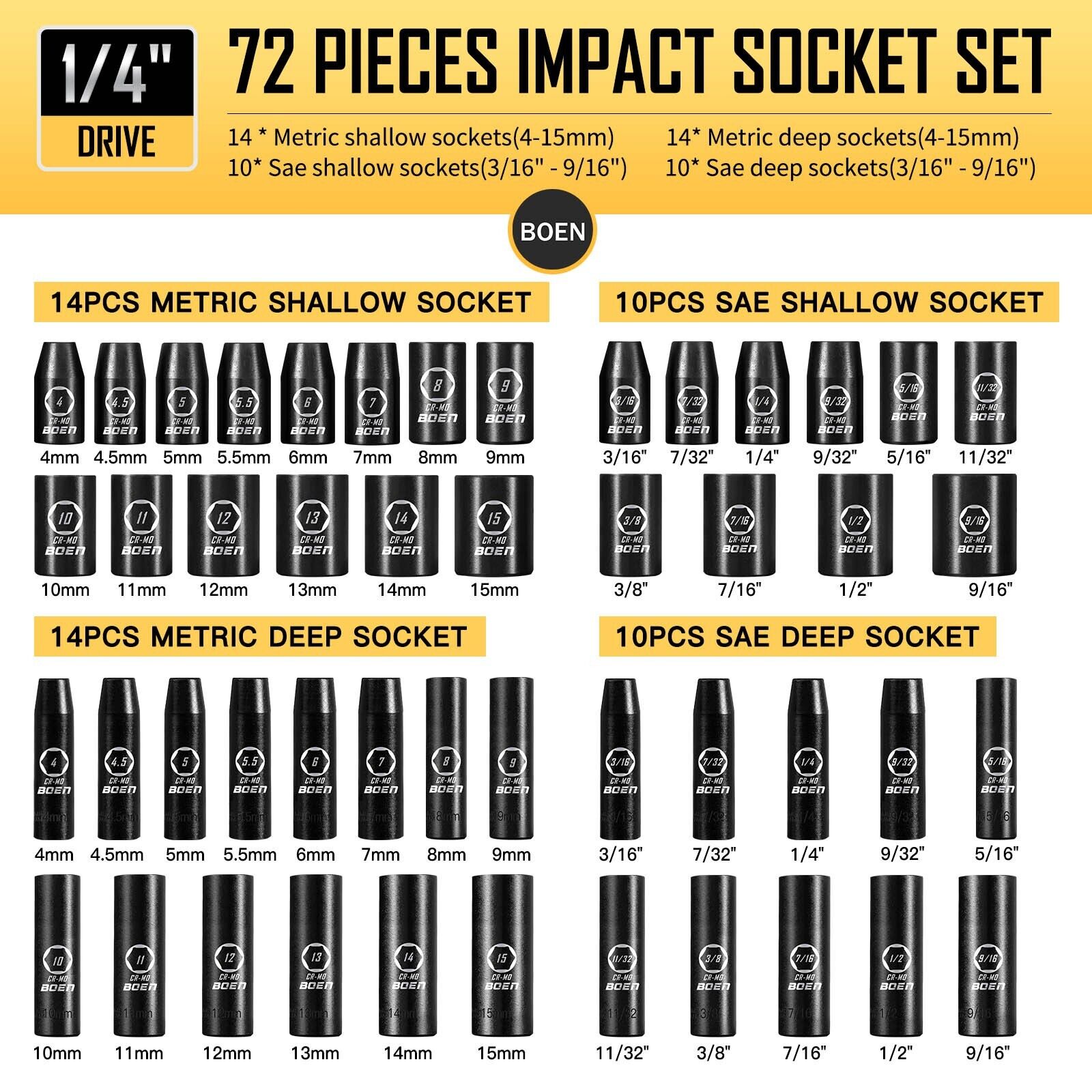 72Pcs 1/4" Drive Impact Socket Set,SAE 3/16-9/16 in,Metric 4-15mm,Extension Bar