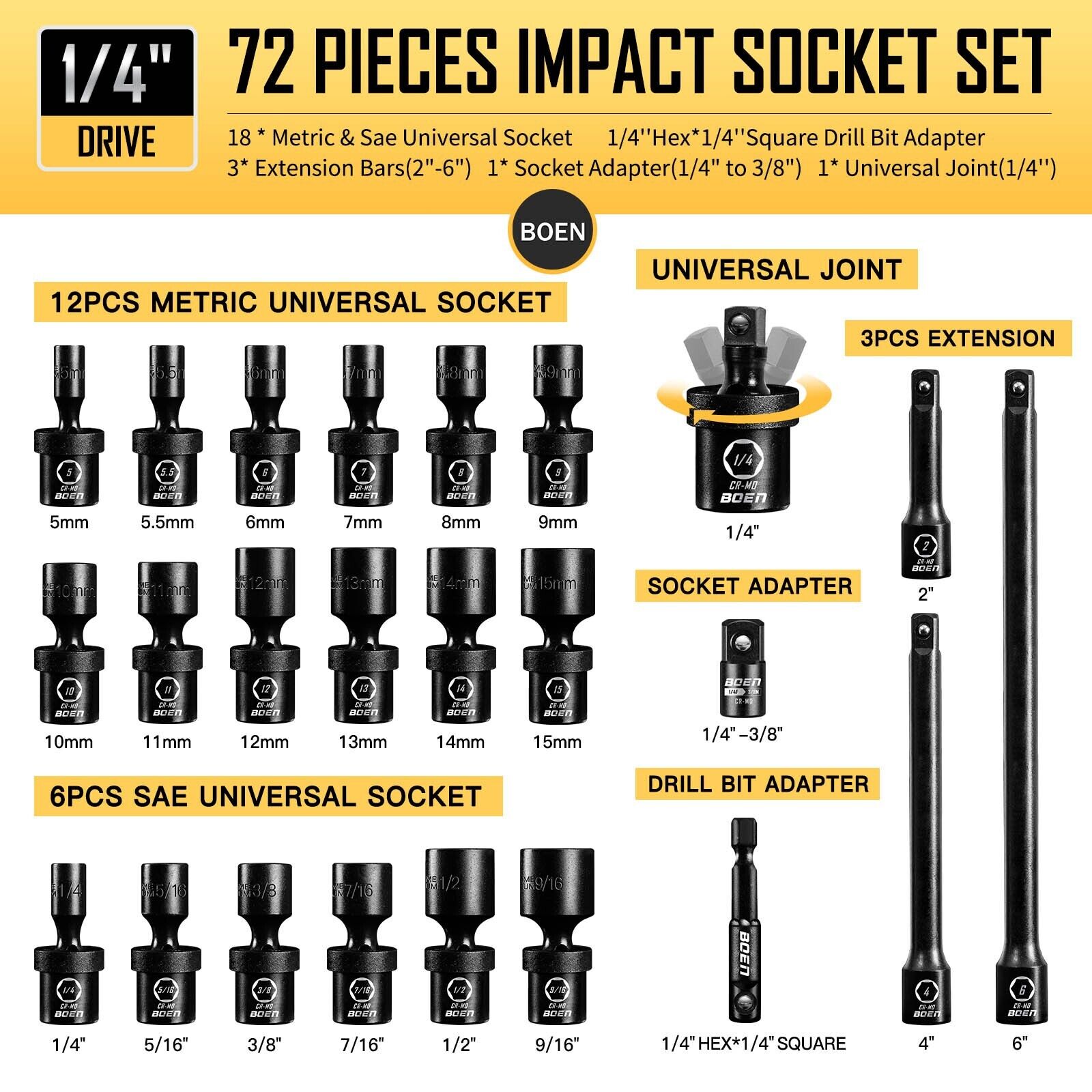 72Pcs 1/4" Drive Impact Socket Set,SAE 3/16-9/16 in,Metric 4-15mm,Extension Bar