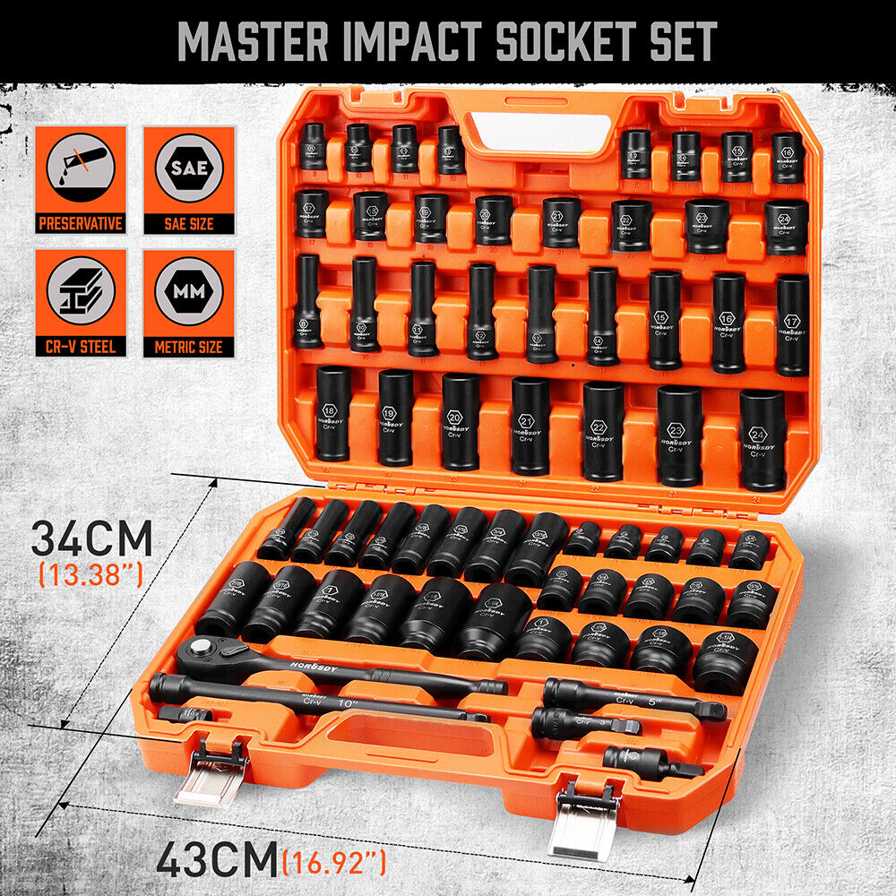 66PC Impact Socket Set 1/2in Drive 6 Point Shallow & Deep Socket Set SAE Metric
