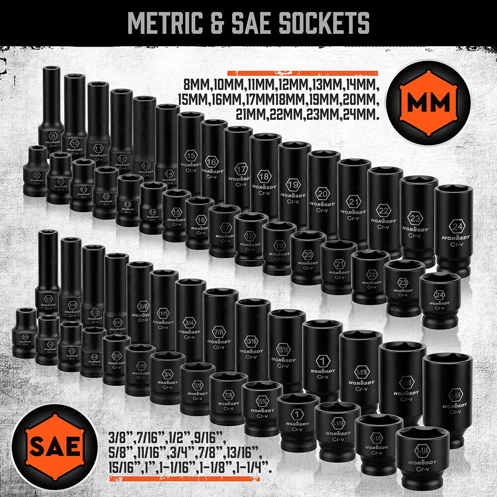 66PC Impact Socket Set 1/2in Drive 6 Point Shallow & Deep Socket Set SAE Metric