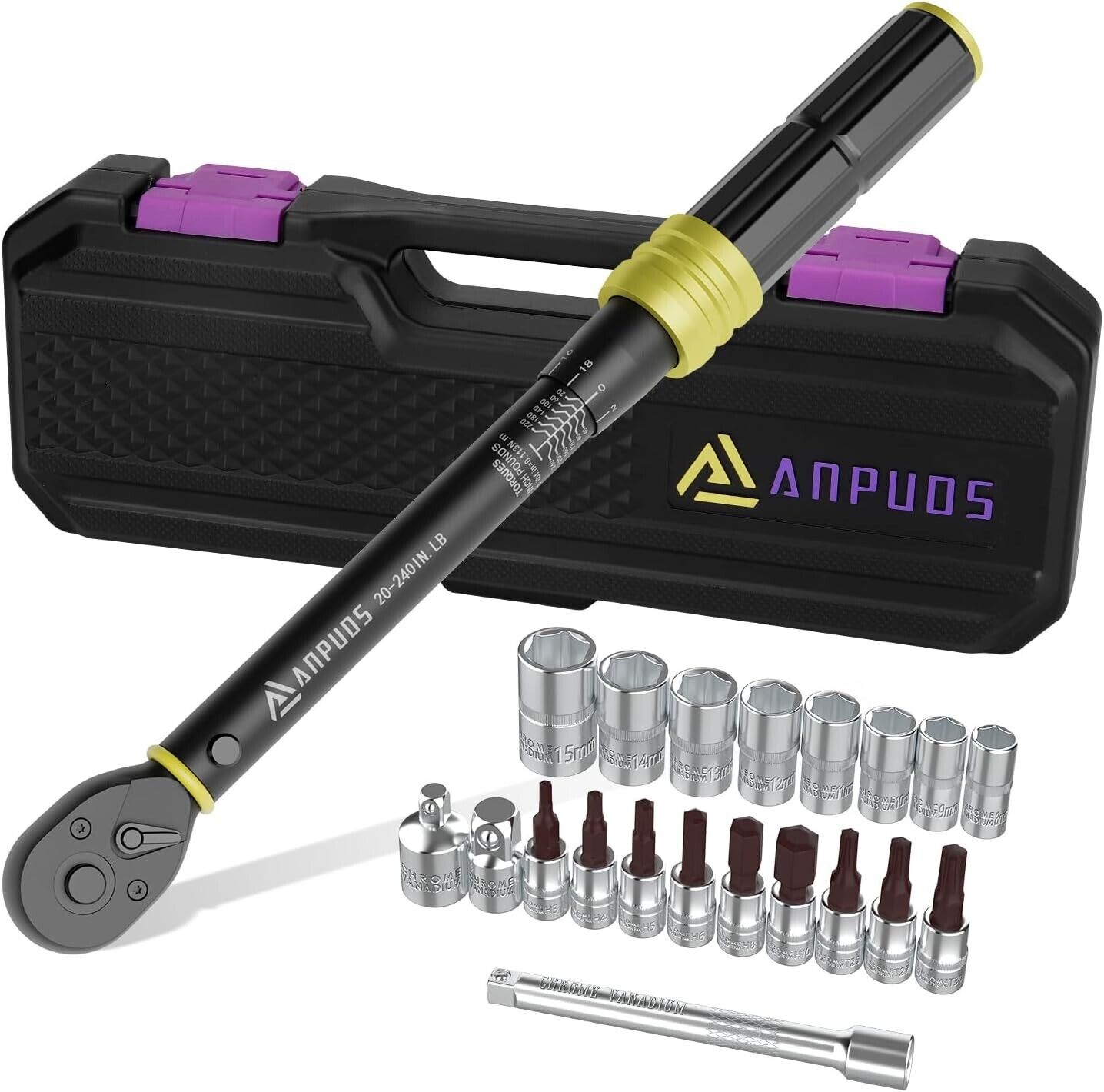 21pcs Kit Click Torque Wrench 20-240 in.lb Adjustable Socket Ratcheting Wrenches