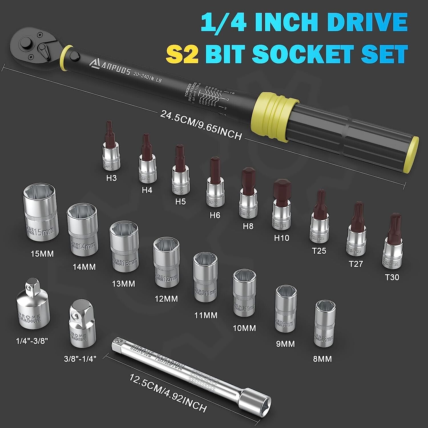 21pcs Kit Click Torque Wrench 20-240 in.lb Adjustable Socket Ratcheting Wrenches