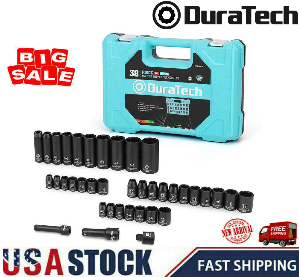 DURATECH 38 Pcs Front ＆ Back Wheel Impact Socket Set 1/2 Drive Metric Socket Set