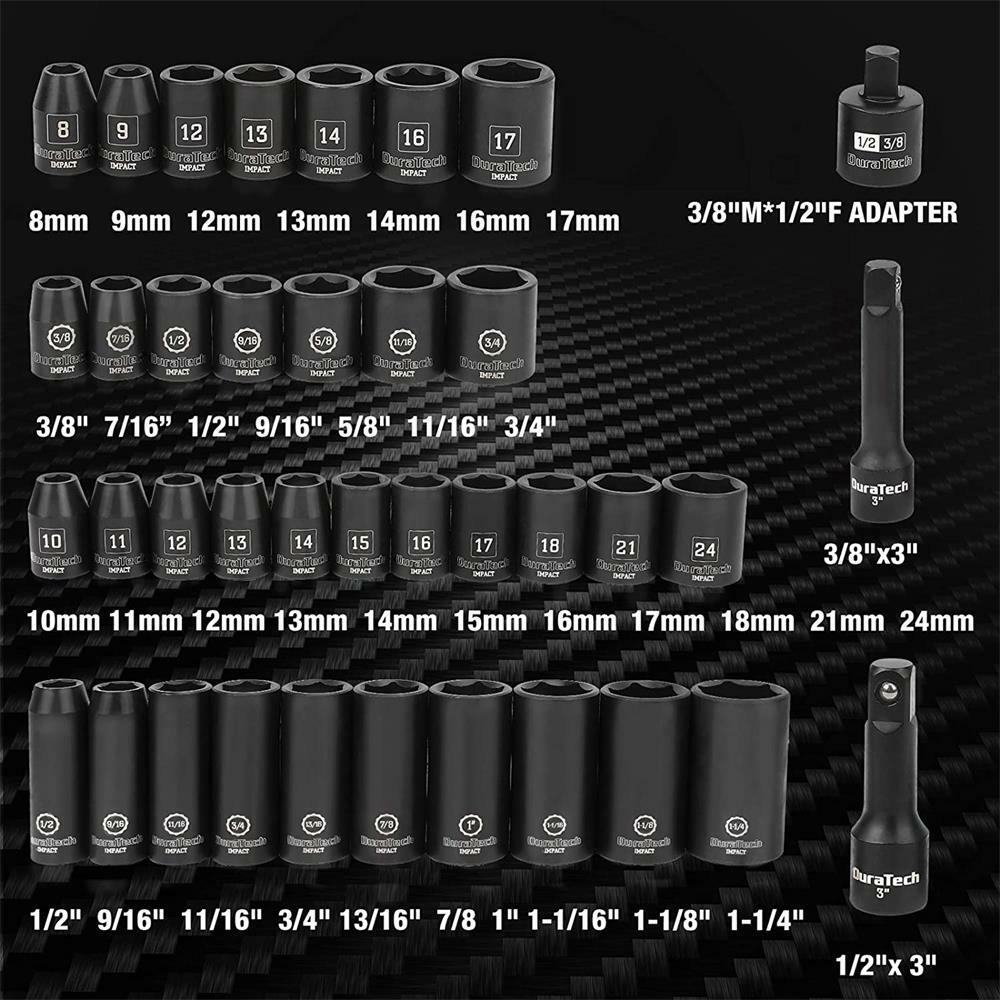 DURATECH 38 Pcs Front ＆ Back Wheel Impact Socket Set 1/2 Drive Metric Socket Set
