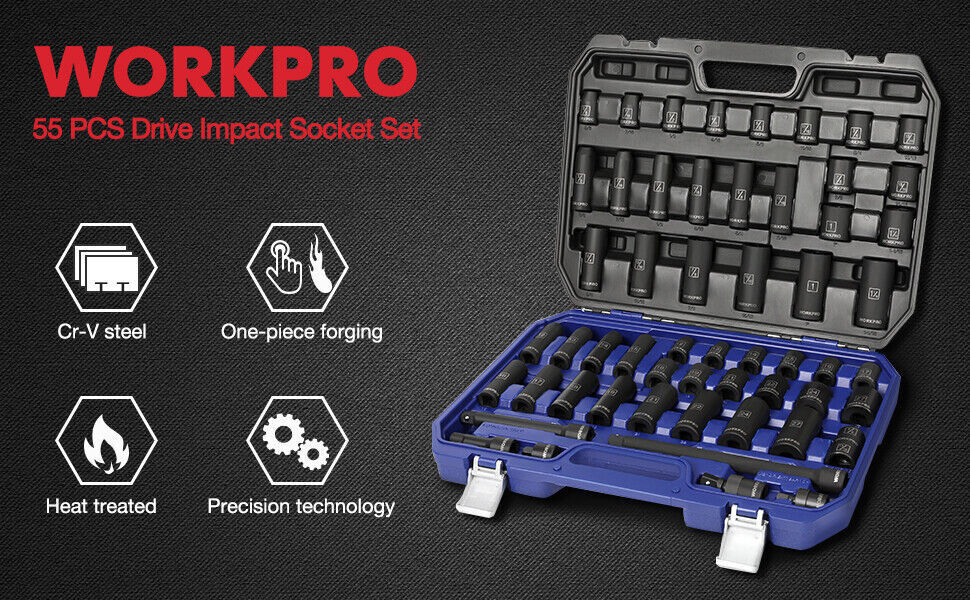 55 Pcs 1/2" Drive Impact Socket Set with Extension Bars,SAE and Metric  Tool Set