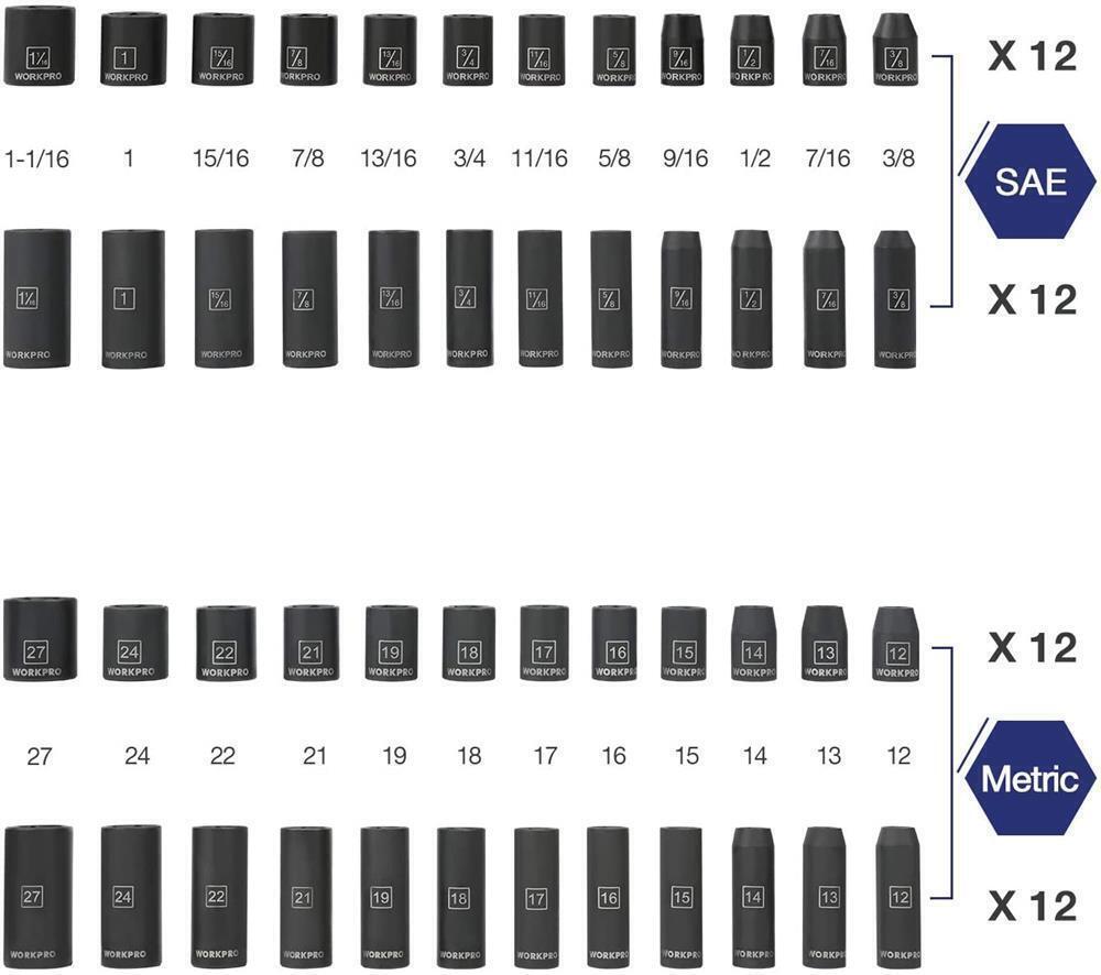 55 Pcs 1/2" Drive Impact Socket Set with Extension Bars,SAE and Metric  Tool Set