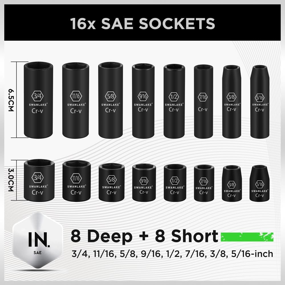 SWANLAKE 3/8" Drive Impact Socket Set, 50-Piece Standard SAE 5/16 to 3/4 inch 6