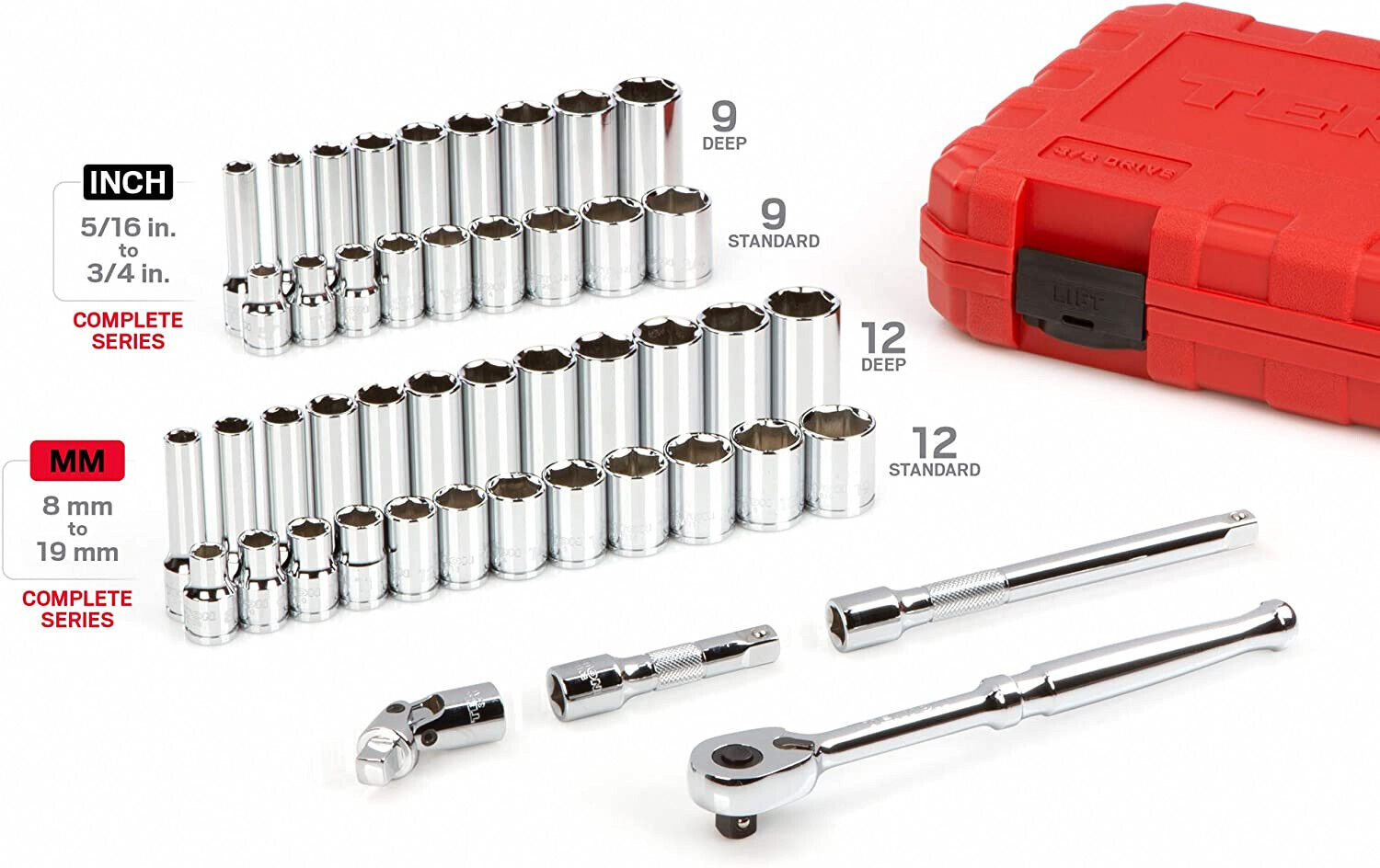 TEKTON SKT15301 Socket and Ratchet Set, 3/8 Inch Drive 6-Point,  46-Piece