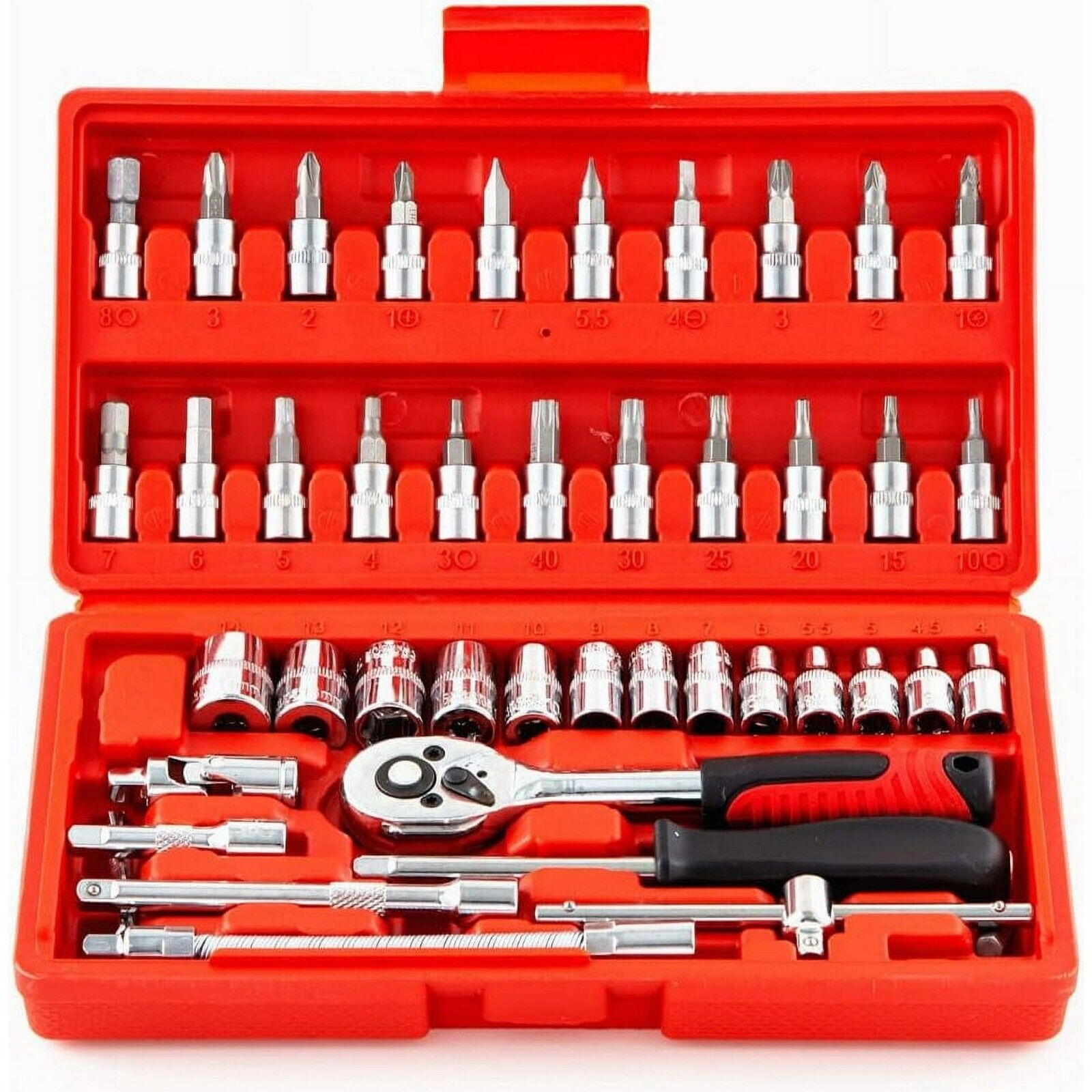 46PCS Socket Spanner Tool Kit Ratchet Wrench Set METRIC/SAE 1/4" Drive w/Case