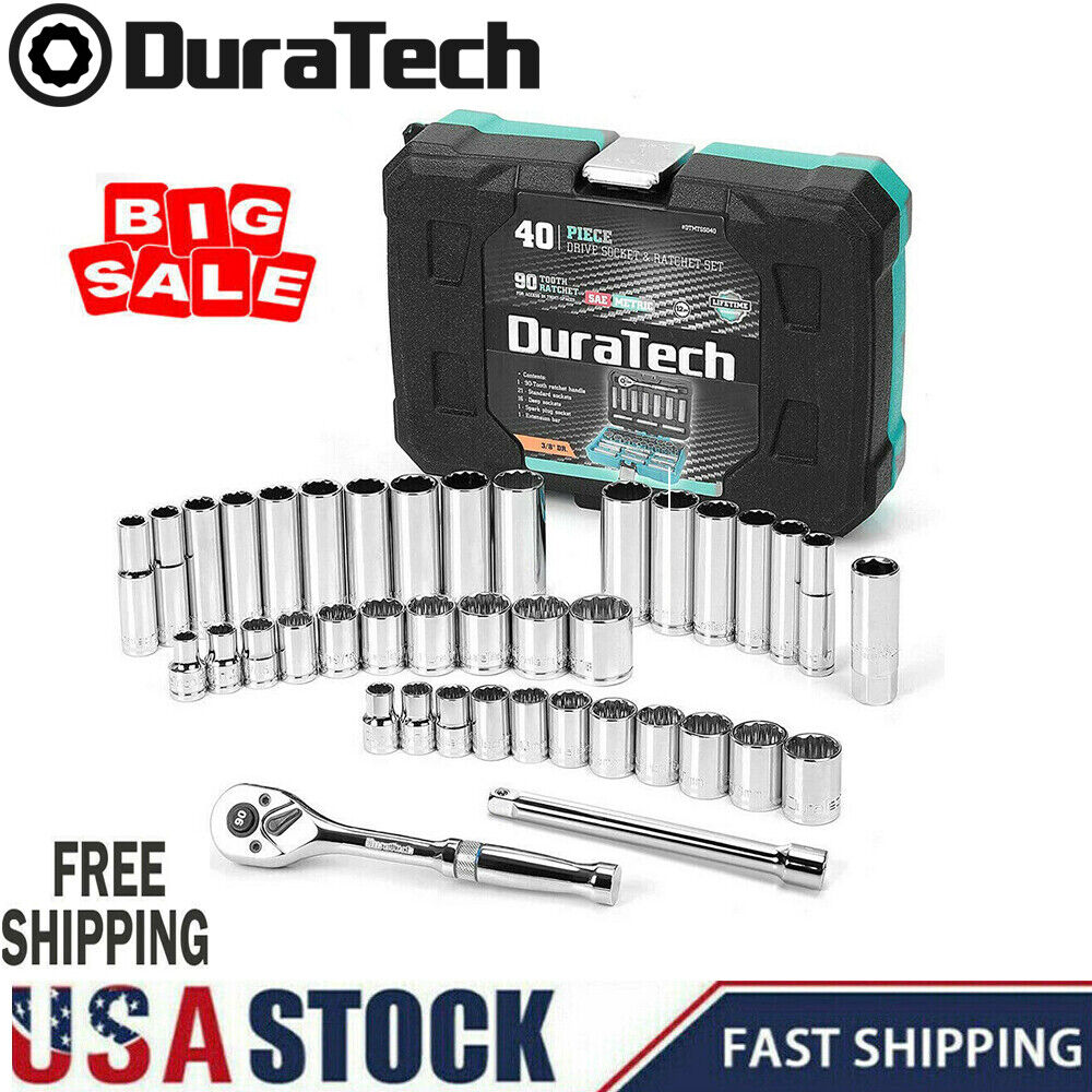 DURATECH 3/8" Drive Socket Set 40 PIECES Tool Set Standard (SAE)&Metric Sockets