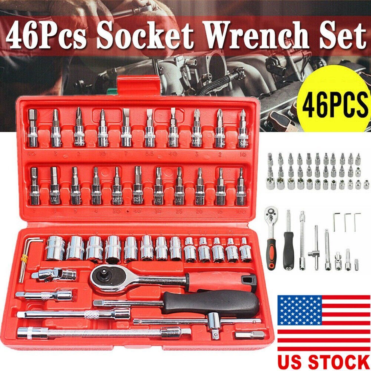 46PCS Socket Spanner Tool Kit Ratchet Wrench Set METRIC/SAE 1/4" Drive w/Case