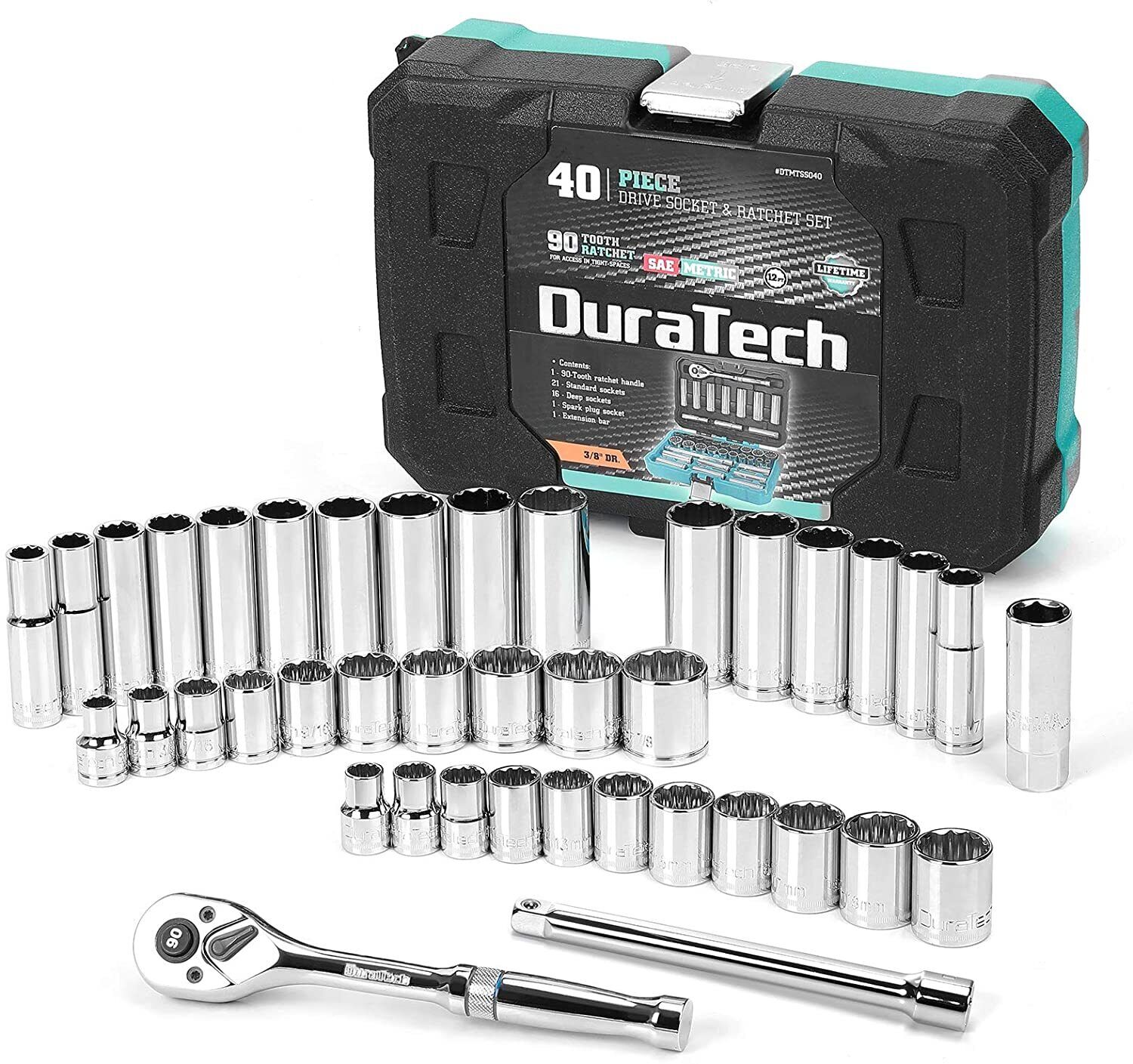 DURATECH 3/8" Drive Socket Set 40 PIECES Tool Set Standard (SAE)&Metric Sockets