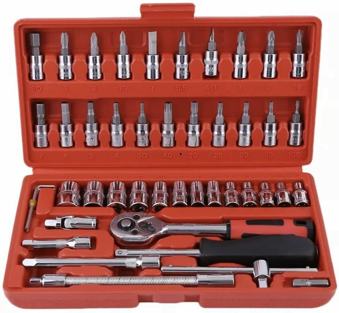 46PCS Socket Spanner Tool Kit Ratchet Wrench Set METRIC/SAE 1/4" Drive w/Case