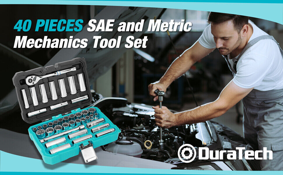 DURATECH 3/8" Drive Socket Set 40 PIECES Tool Set Standard (SAE)&Metric Sockets