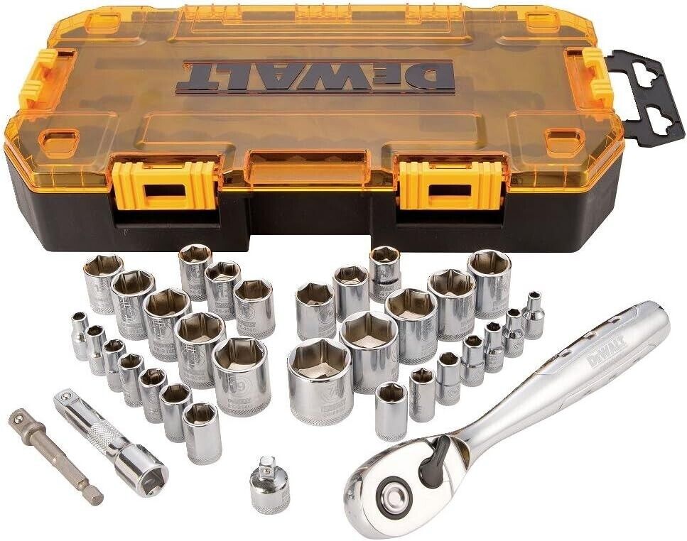 DeWALT Drive Socket Set 1/4 in & 3/8 in 34Pc Set 72 Tooth Ratchet Interlocking
