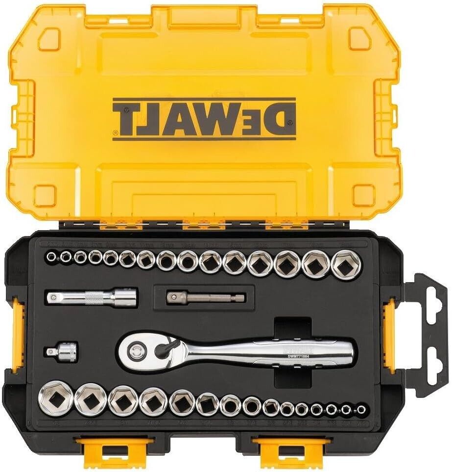 DeWALT Drive Socket Set 1/4 in & 3/8 in 34Pc Set 72 Tooth Ratchet Interlocking