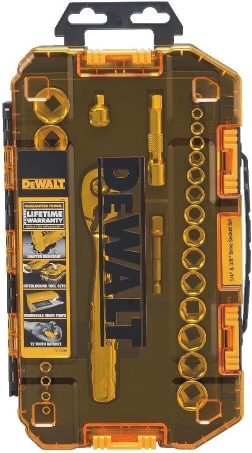 DeWALT Drive Socket Set 1/4 in & 3/8 in 34Pc Set 72 Tooth Ratchet Interlocking