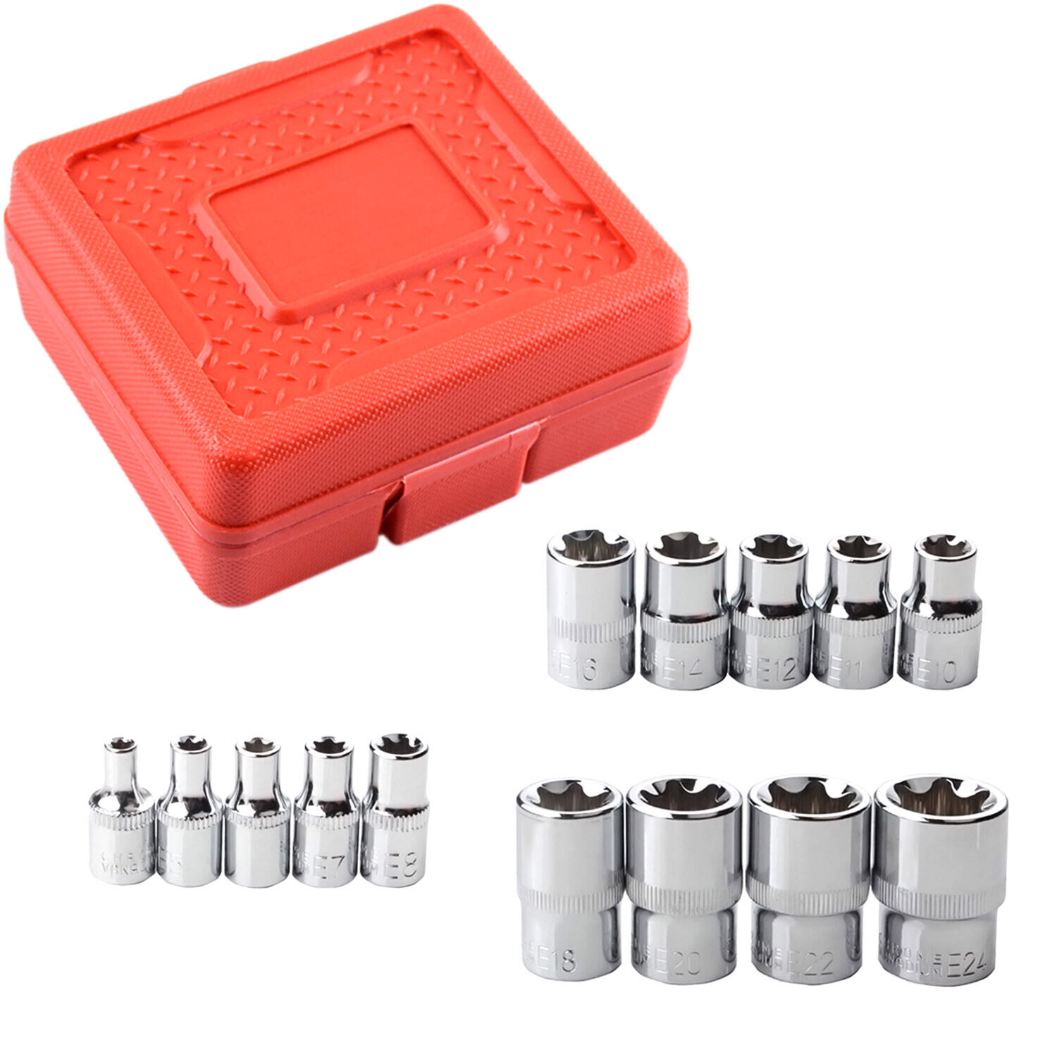 14 PCS E Torx Star Female Bit Socket Set 1/2" 3/8" 1/4" Drive E4 - E24 with Case