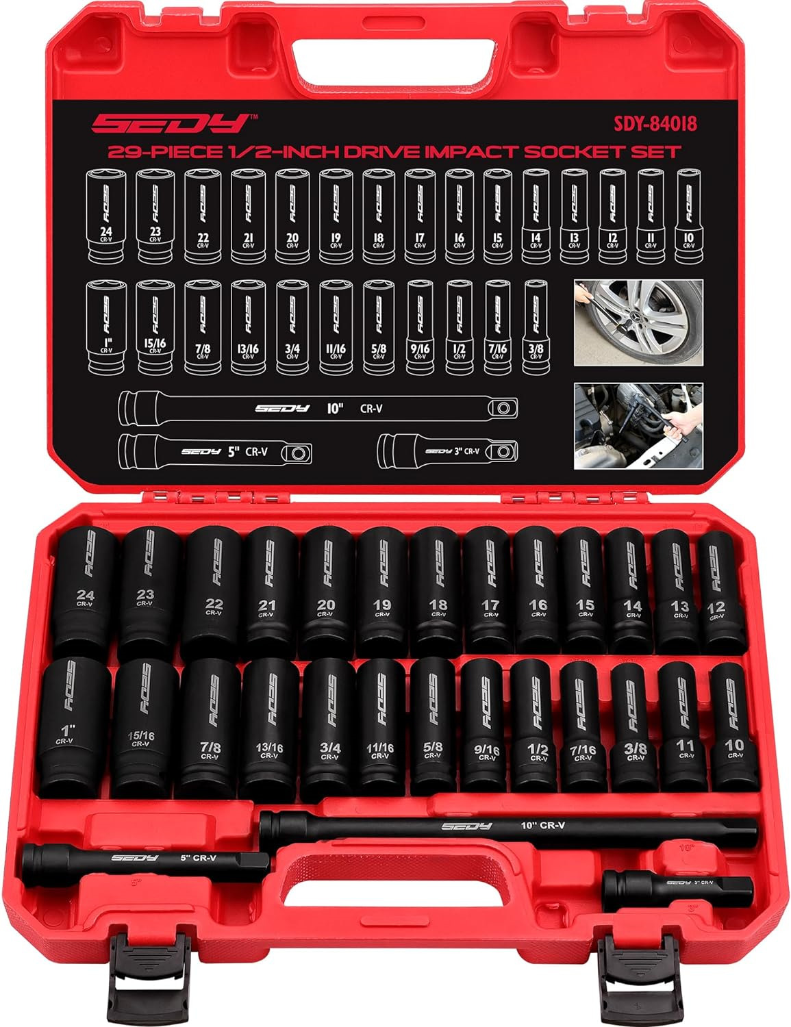 1/2" Drive Impact Socket Set - 29-Piece SAE 3/8 to 1 inch and Metric 10-24mm Set