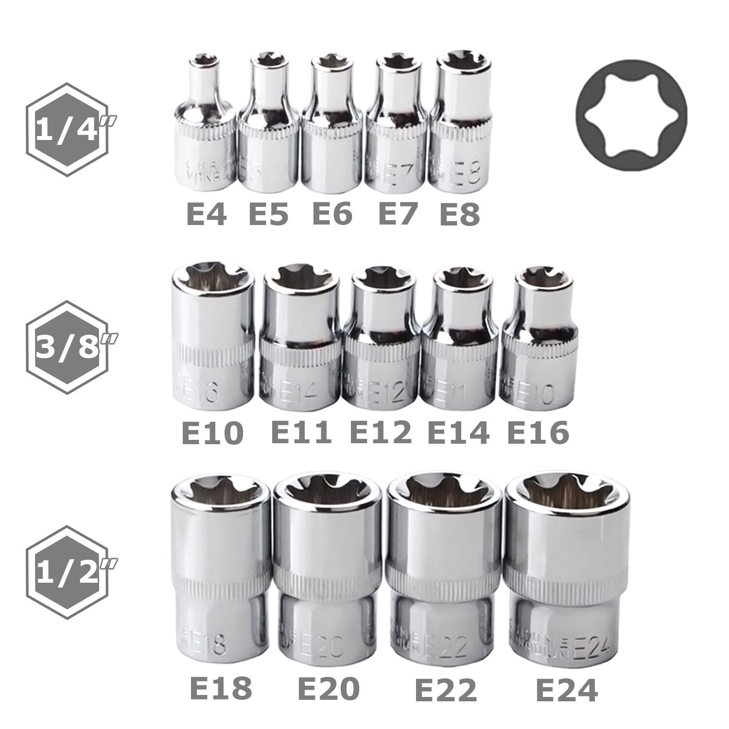 14 PCS E Torx Star Female Bit Socket Set 1/2" 3/8" 1/4" Drive E4 - E24 with Case