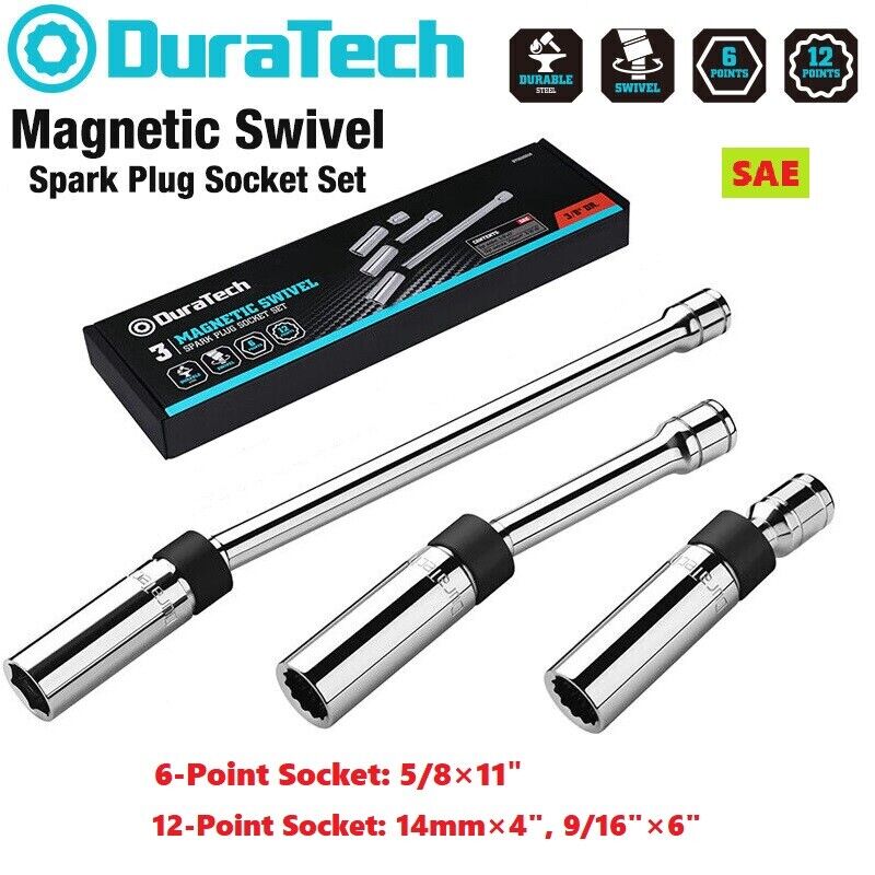 DURATECH 3PCS Magnetic Swivel Spark Plug Socket Set 5/8" 9/16"14MM Steel Sockets