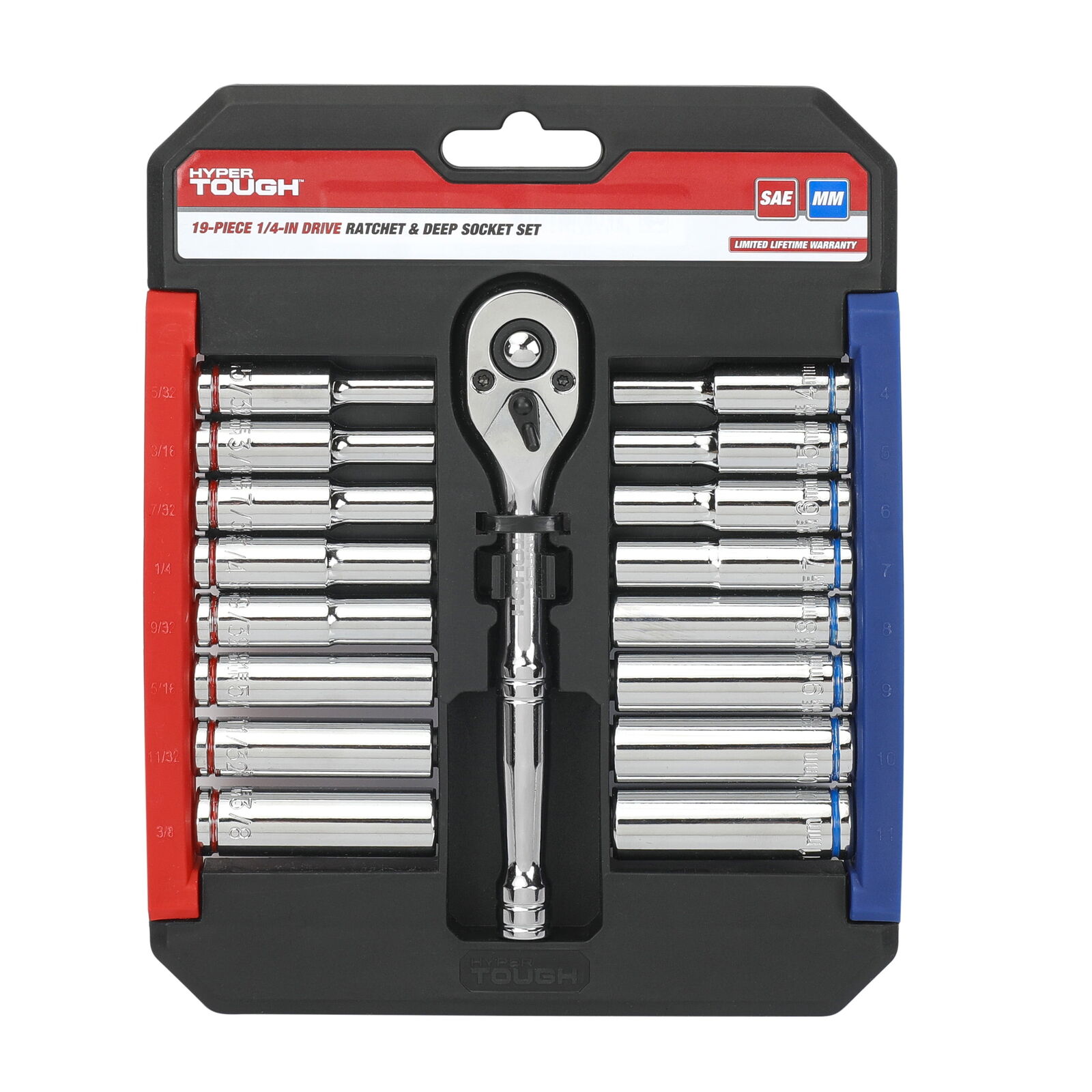Hyper Tough 19 Piece 1/4 Inch Drive Ratchet and Socket Set, Deep Sockets, 43233