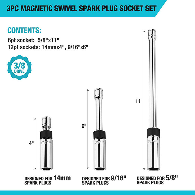 DURATECH 3PCS Magnetic Swivel Spark Plug Socket Set 5/8" 9/16"14MM Steel Sockets
