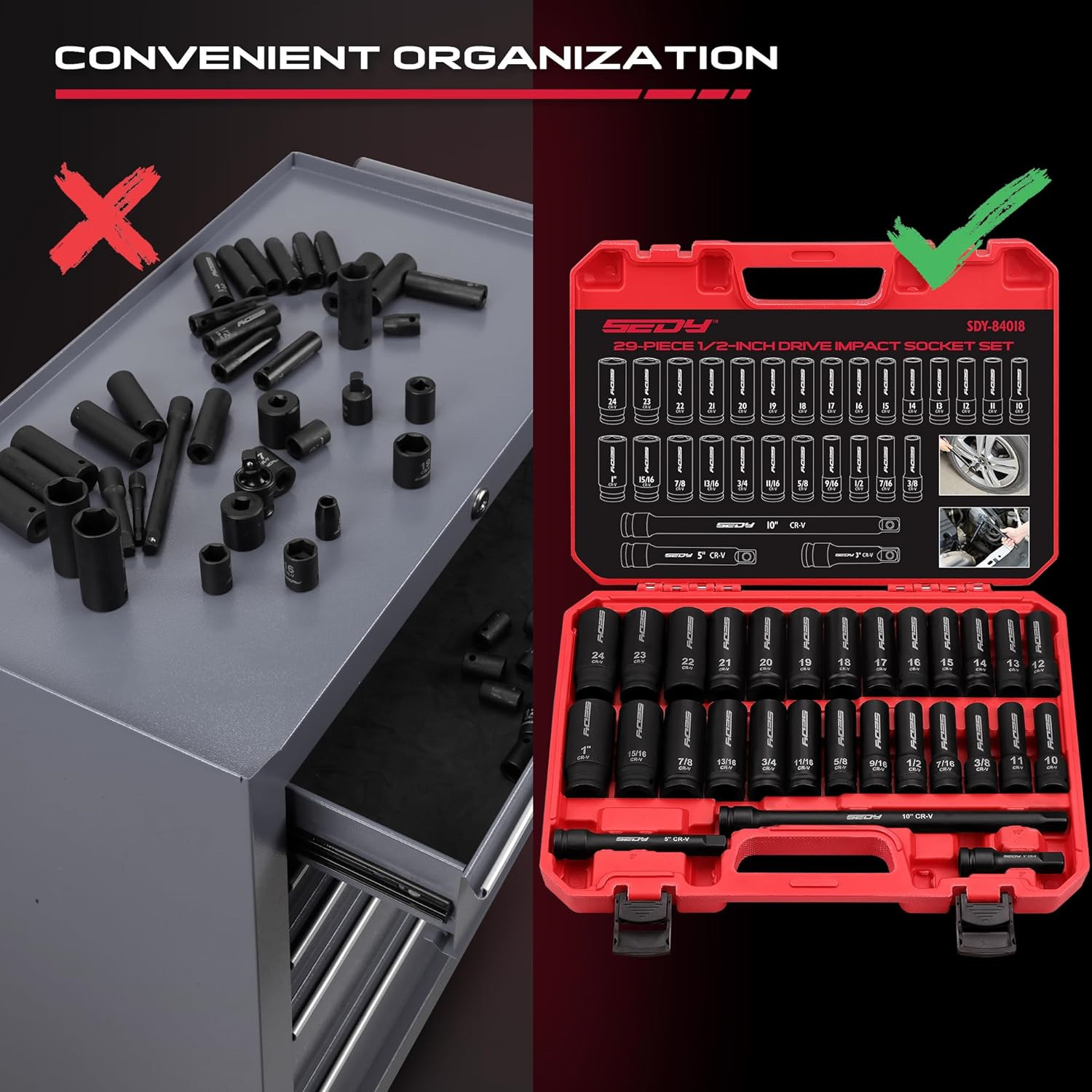 1/2" Drive Impact Socket Set - 29-Piece SAE 3/8 to 1 inch and Metric 10-24mm Set