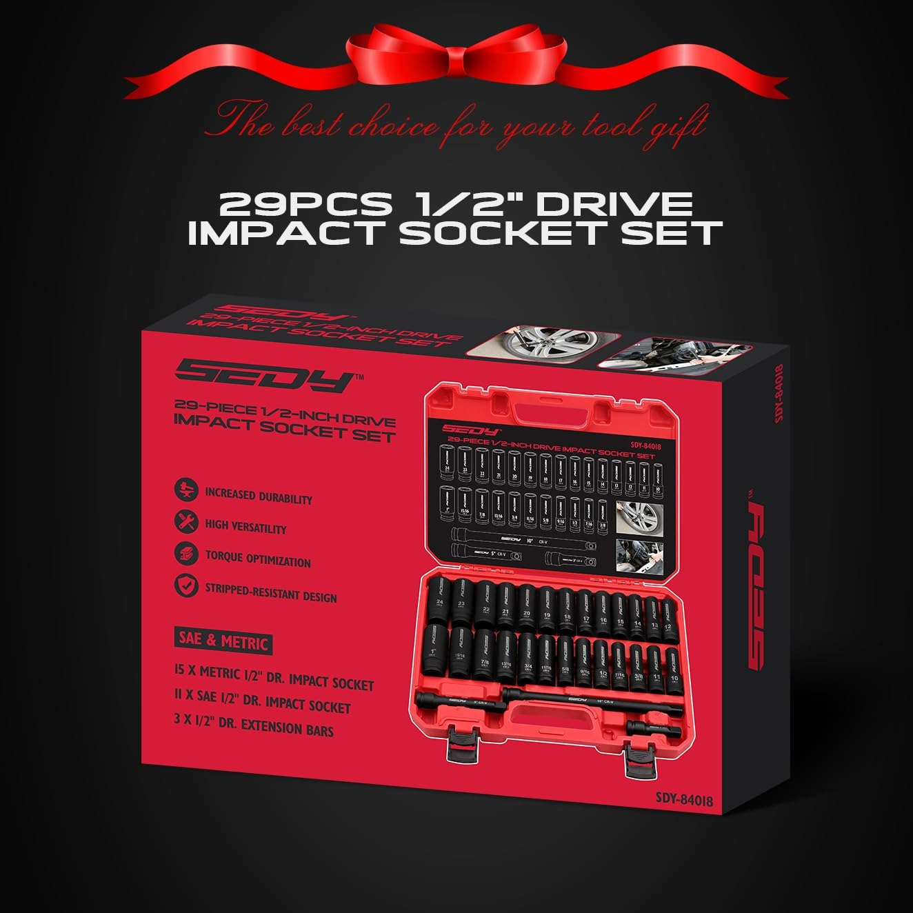 1/2" Drive Impact Socket Set - 29-Piece SAE 3/8 to 1 inch and Metric 10-24mm Set