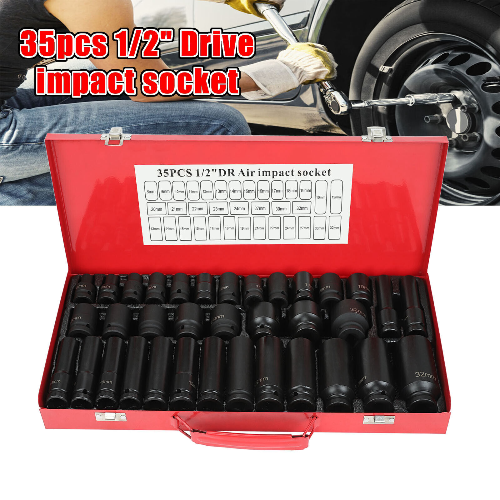 35pcs 1/2" Inch Deep Impact Socket Set Drive 8-32mm Metric Garage Sae With Case
