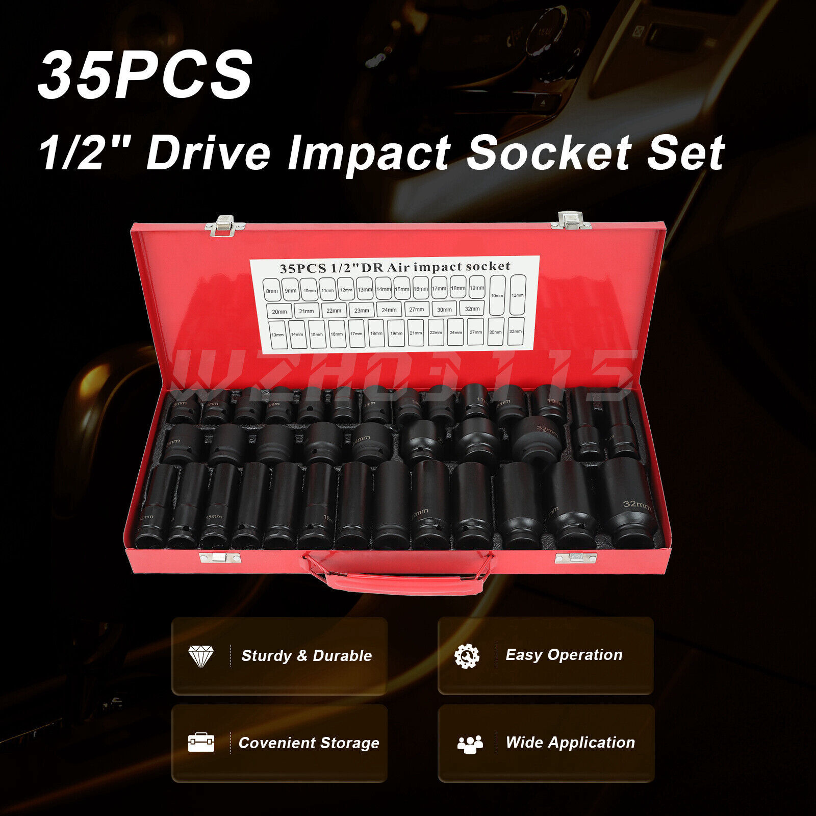 35pcs 1/2" Inch Deep Impact Socket Set Drive 8-32mm Metric Garage Sae With Case