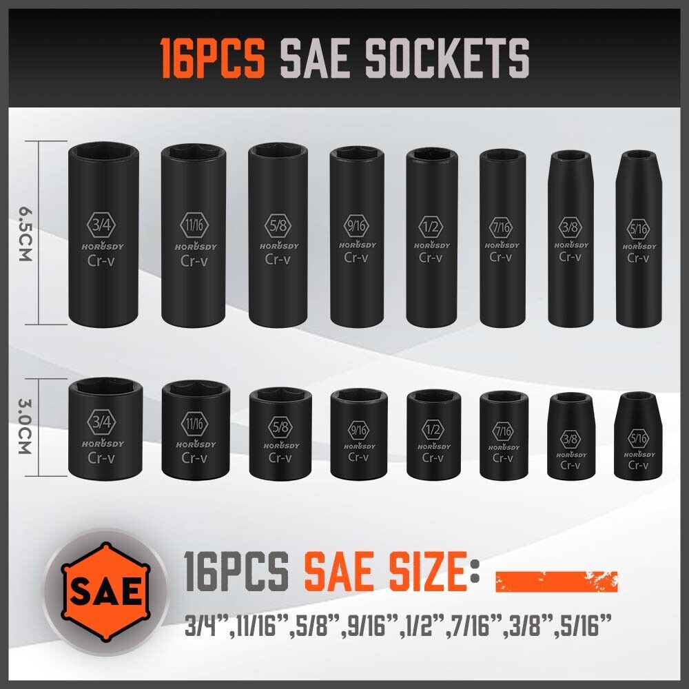 50PCS Impact Socket 3/8" DR Shallow & Deep SAE & Metric w/ Carry Case