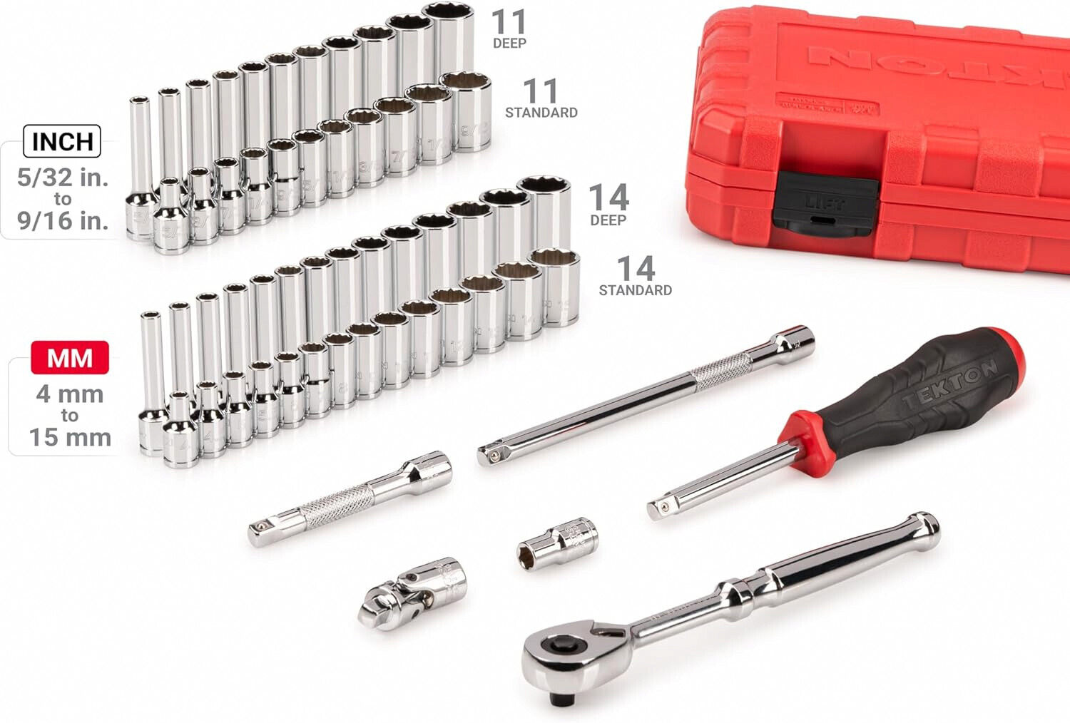 TEKTON SKT05304 1/4 Inch Drive 12-Point Socket and Ratchet Set, 56-Piece