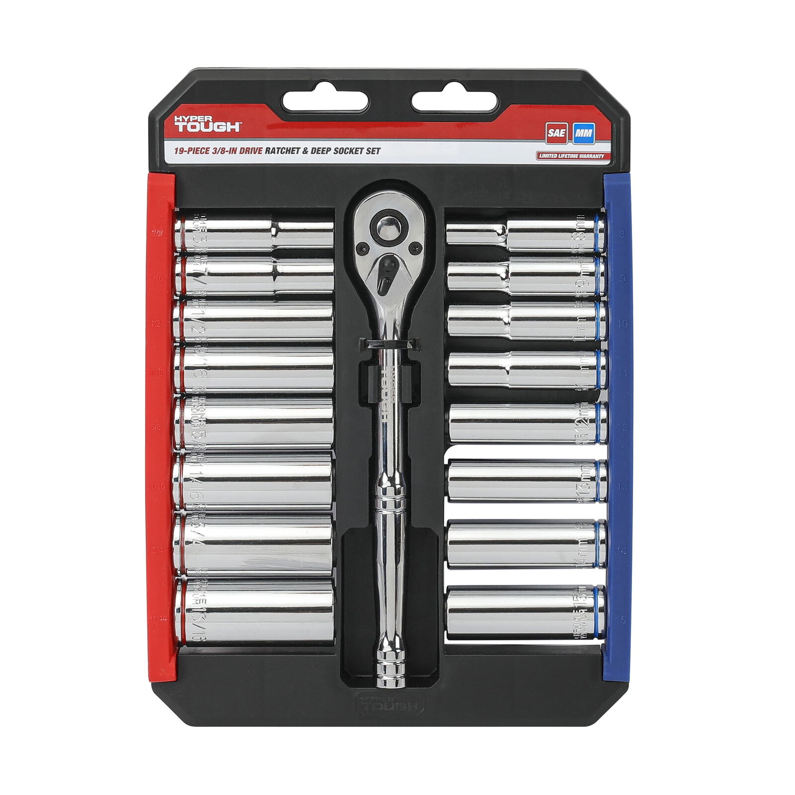 Hyper Tough 19 Piece 3/8 Inch Drive Ratchet and Socket Set,Deep Standard Sockets
